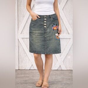 Vigoss Denim Skirt with Floral and Rainbow Accents